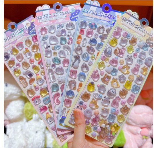 幽幽ファミリー 3D立体クリスタルシール｜浮き彫りエンボス カートゥーン 子供・学生向け ご褒美ステッカー スマホ装飾