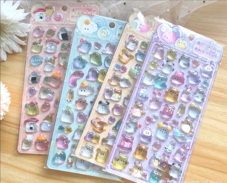 幽幽ファミリー 3D立体クリスタルシール｜浮き彫りエンボス カートゥーン 子供・学生向け ご褒美ステッカー スマホ装飾