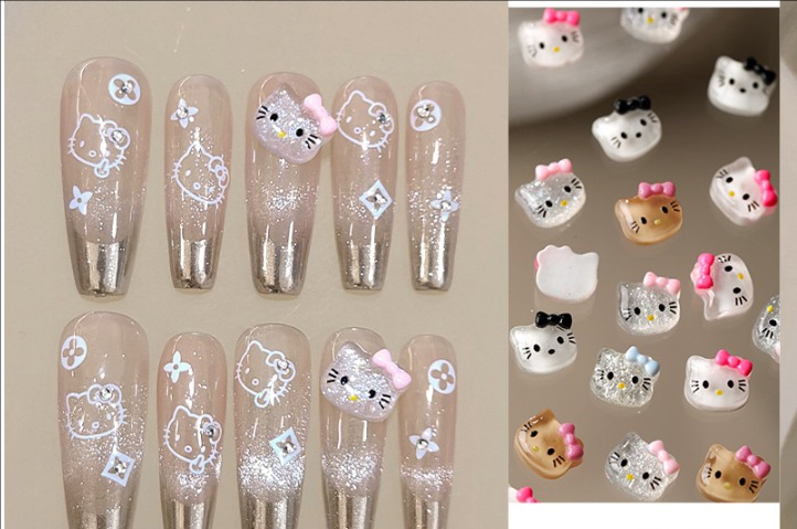 ハローキティ 立体ネイルパーツ｜細ラメ入り クリア樹脂 リボン＆猫フェイス ネイルデコ キャラクター美甲アクセサリー
